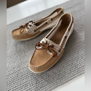 SPERRY Tan Ivory Striped Mesh Leather Boat Shoes Loafers Size 9.5